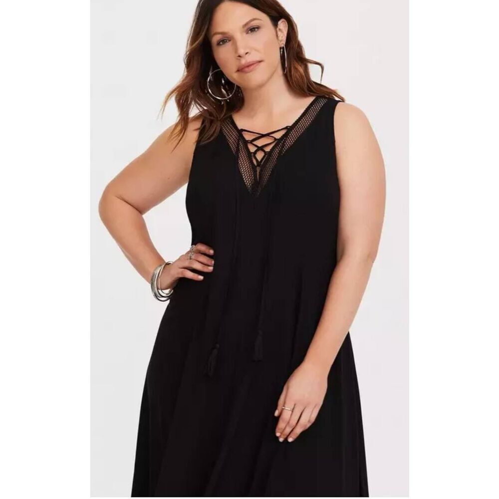 Torrid Black Lace Up Challis Trapeze Maxi Dress 00 Large Boho Gypsy Festival - Picture 2 of 16